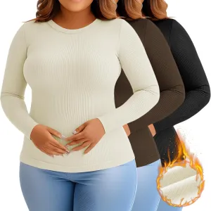 3 Pack Plus Size Thermal Shirts for Women Long Sleeve Ribbed Knit Underwear Tops Base Layer Tee