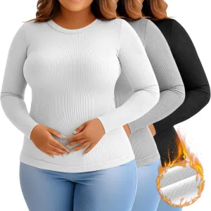 3 Pack Plus Size Thermal Shirts for Women Long Sleeve Ribbed Knit Underwear Tops Base Layer Tee