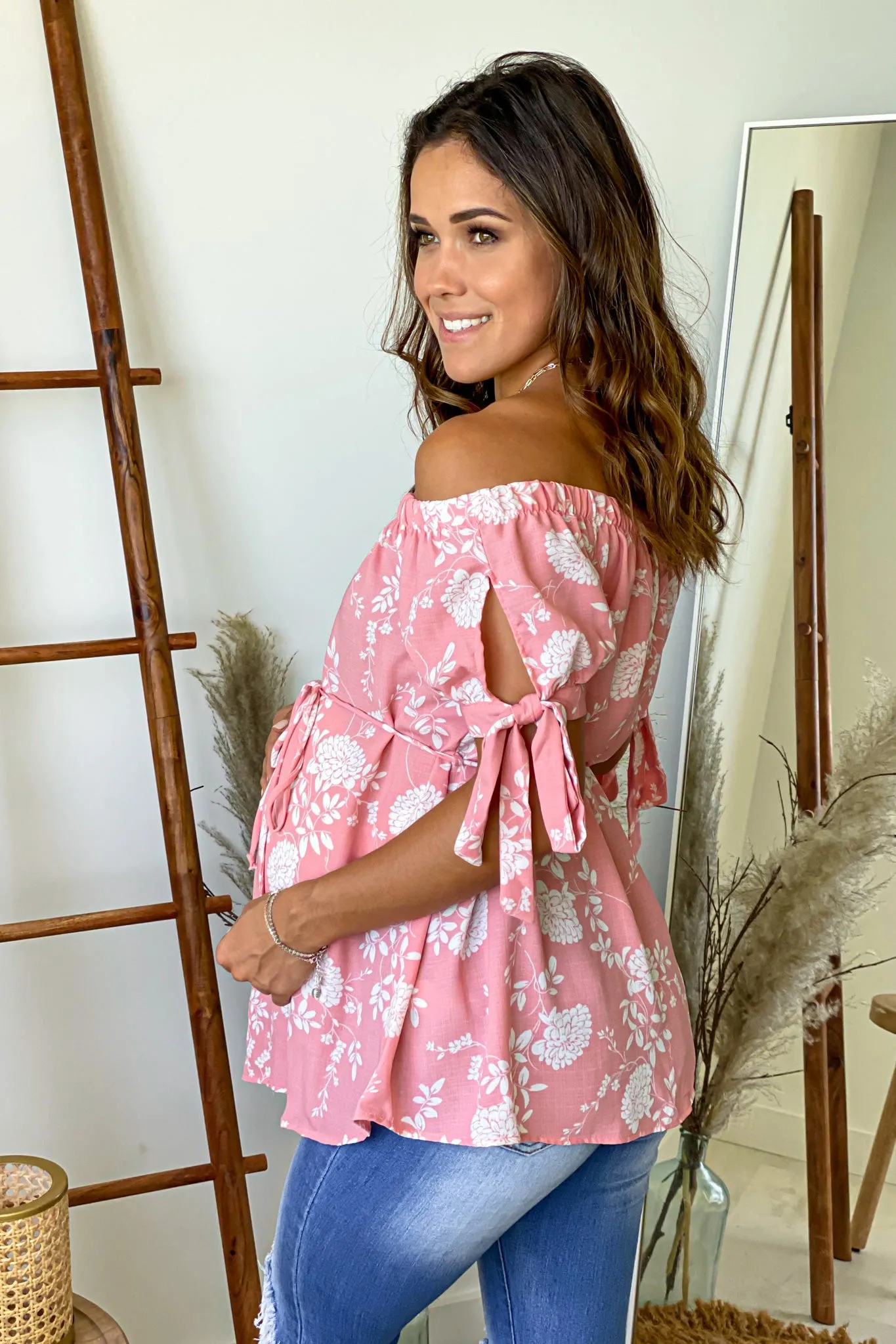 Coral and White Off Shoulder Maternity Top