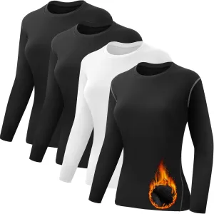 Coume 4 Pack Women's Thermal Shirts Fleece Lined Compression Crew Neck Long Sleeve Base Layer Tops Cold Weather