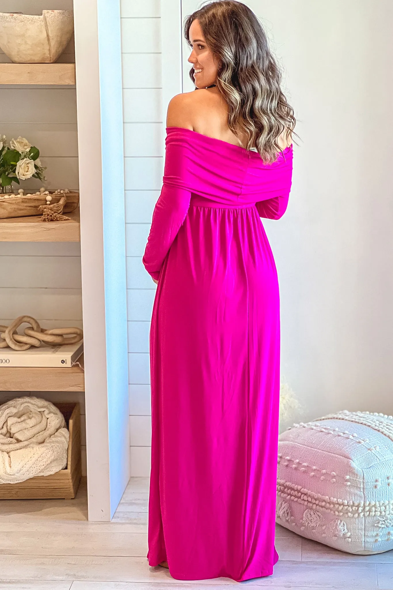 Fuchsia Off Shoulder Maternity Maxi Dress With Long Sleeves
