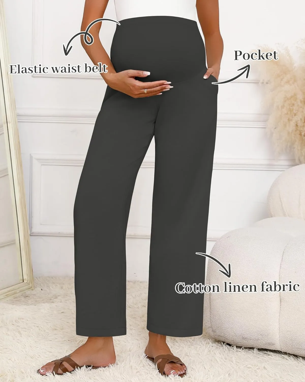 Huukeay Women's Cotton Linen Maternity Pants, High Waisted Lounge Pregnancy Pants Over The Belly Trousers with Pockets