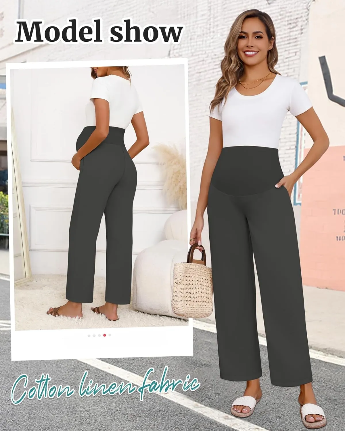 Huukeay Women's Cotton Linen Maternity Pants, High Waisted Lounge Pregnancy Pants Over The Belly Trousers with Pockets