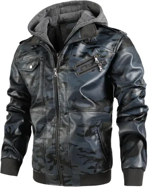 Men's Stand Collar Faux Leather Bomber Jacket Removable Hood Motorcycle Casual Coat