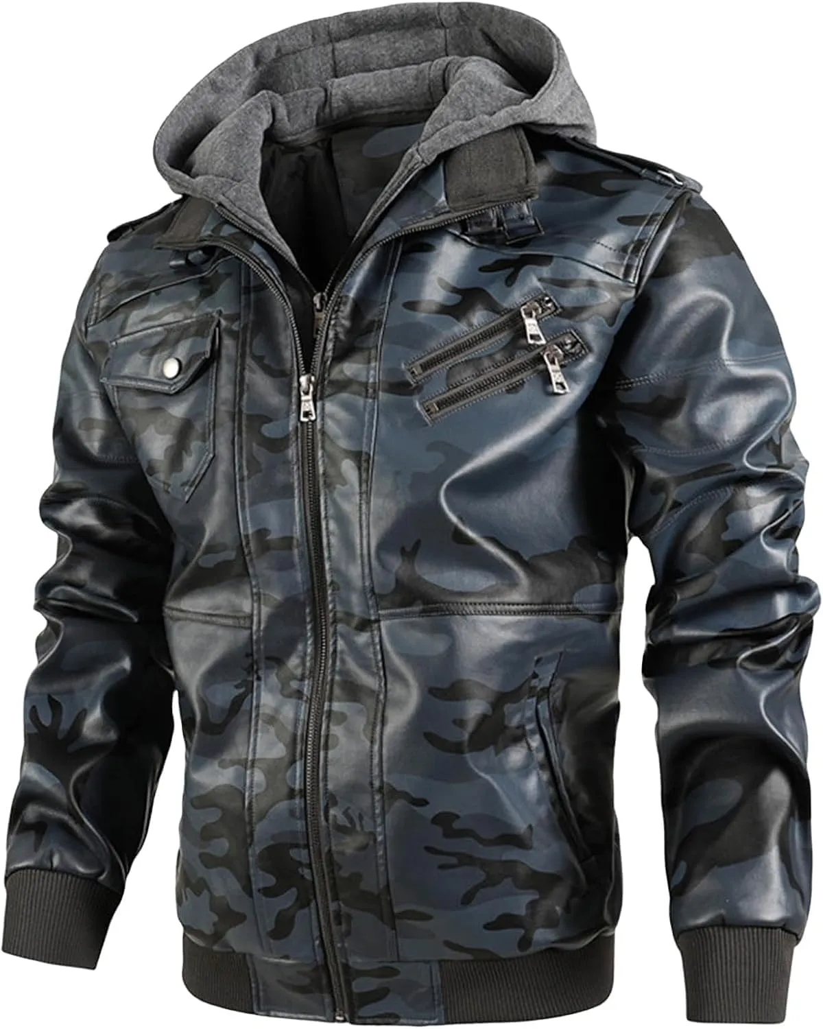 Men's Stand Collar Faux Leather Bomber Jacket Removable Hood Motorcycle Casual Coat