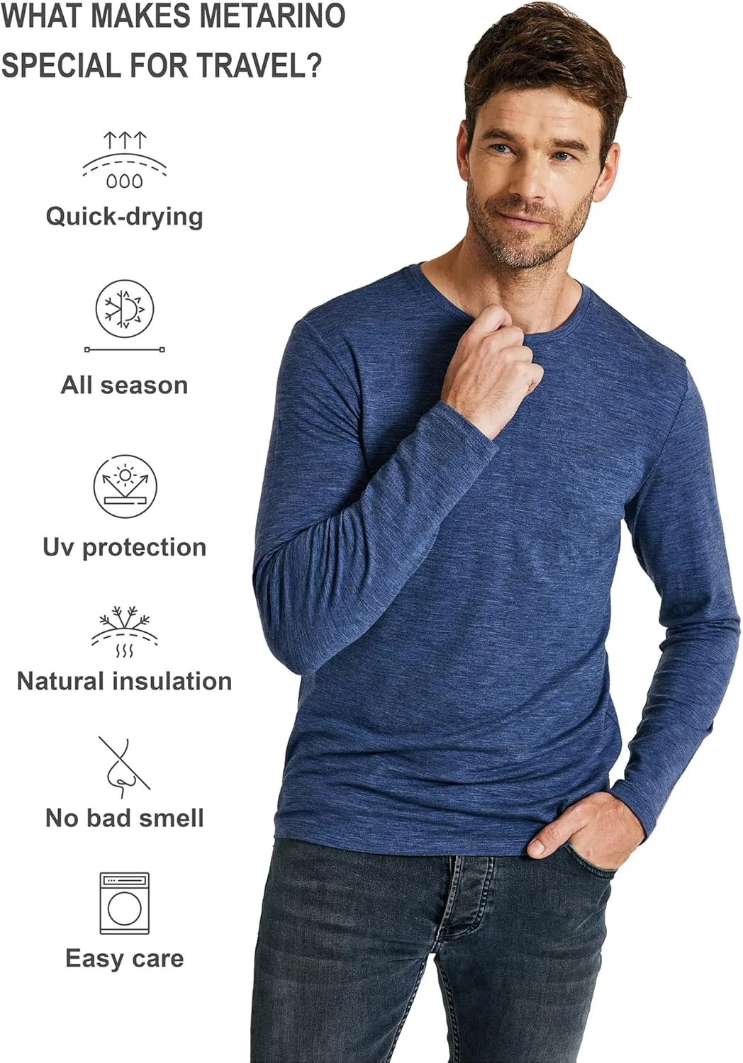 METARINO Men's Merino Wool Base Layer Merino Wool Long Sleeve Shirt for Skiing,Hiking,Cycling,Sports