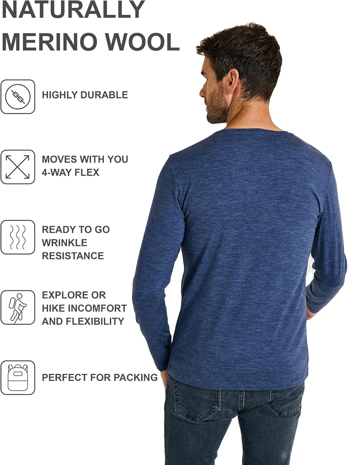 METARINO Men's Merino Wool Base Layer Merino Wool Long Sleeve Shirt for Skiing,Hiking,Cycling,Sports