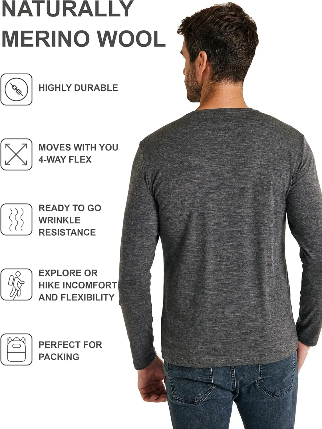 METARINO Men's Merino Wool Base Layer Merino Wool Long Sleeve Shirt for Skiing,Hiking,Cycling,Sports