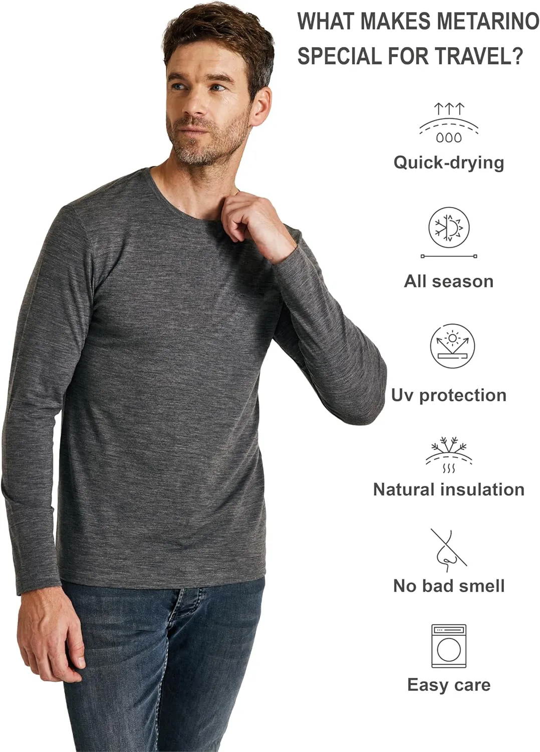 METARINO Men's Merino Wool Base Layer Merino Wool Long Sleeve Shirt for Skiing,Hiking,Cycling,Sports