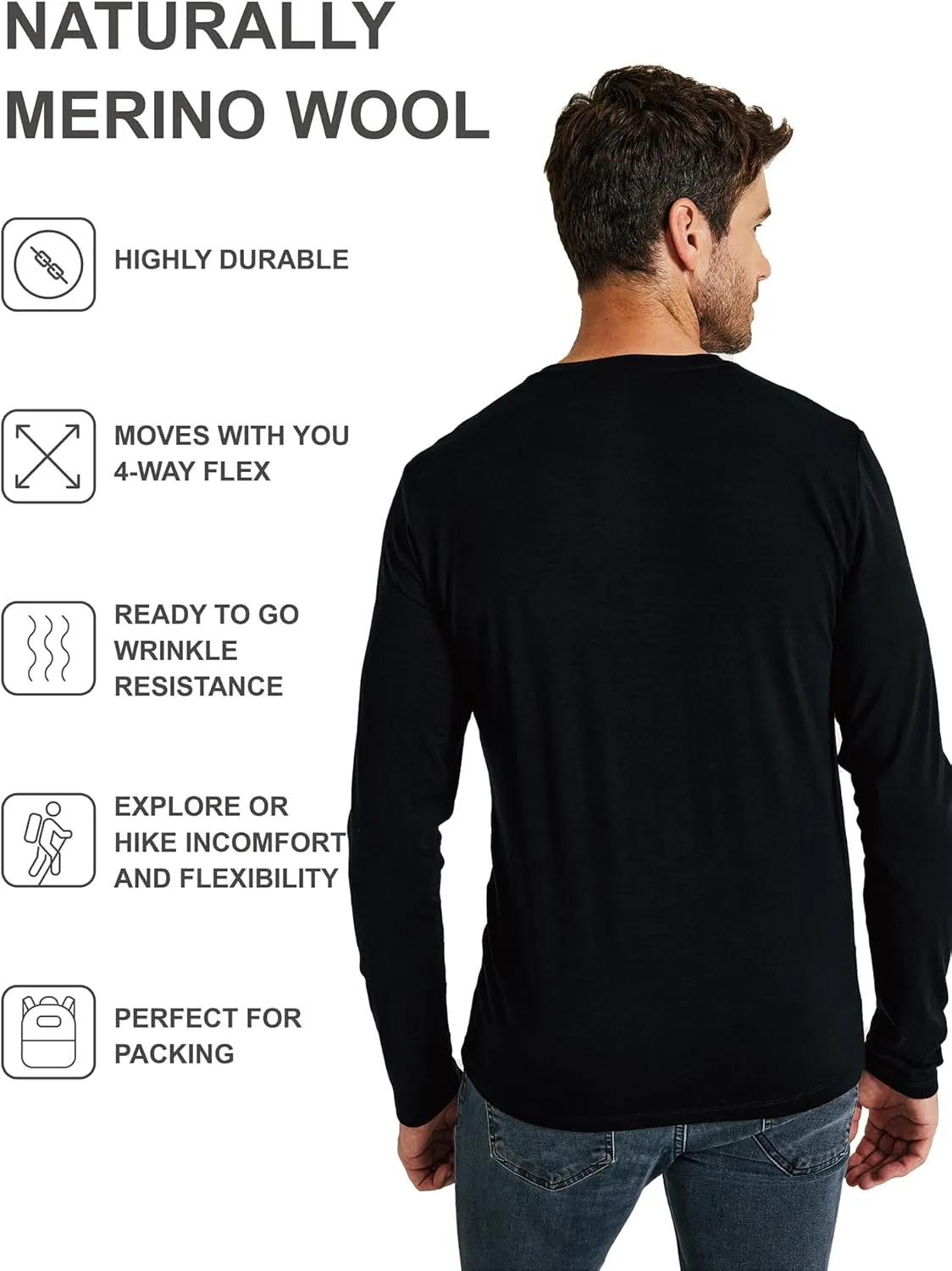 METARINO Men's Merino Wool Base Layer Merino Wool Long Sleeve Shirt for Skiing,Hiking,Cycling,Sports