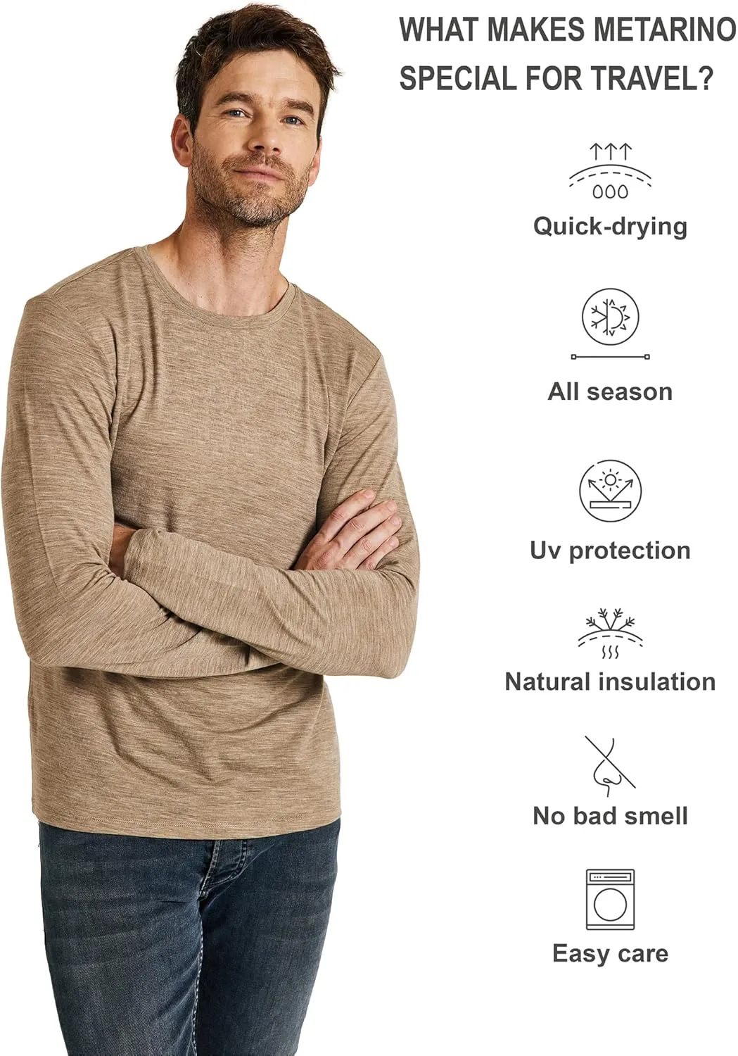 METARINO Men's Merino Wool Base Layer Merino Wool Long Sleeve Shirt for Skiing,Hiking,Cycling,Sports