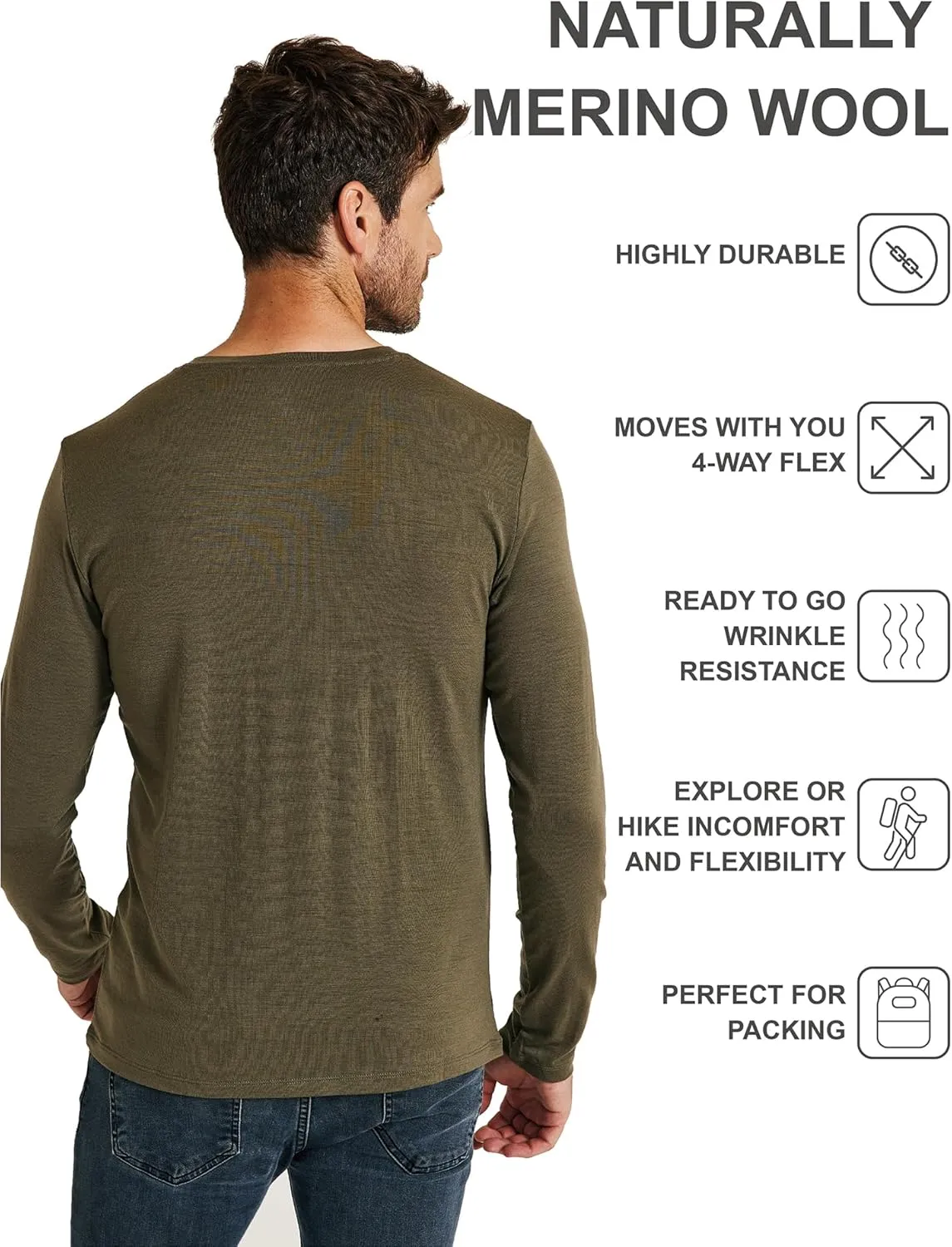 METARINO Men's Merino Wool Base Layer Merino Wool Long Sleeve Shirt for Skiing,Hiking,Cycling,Sports