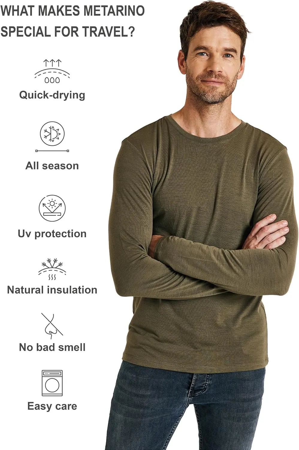 METARINO Men's Merino Wool Base Layer Merino Wool Long Sleeve Shirt for Skiing,Hiking,Cycling,Sports