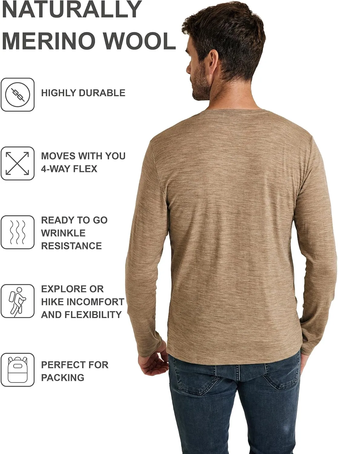 METARINO Men's Merino Wool Base Layer Merino Wool Long Sleeve Shirt for Skiing,Hiking,Cycling,Sports