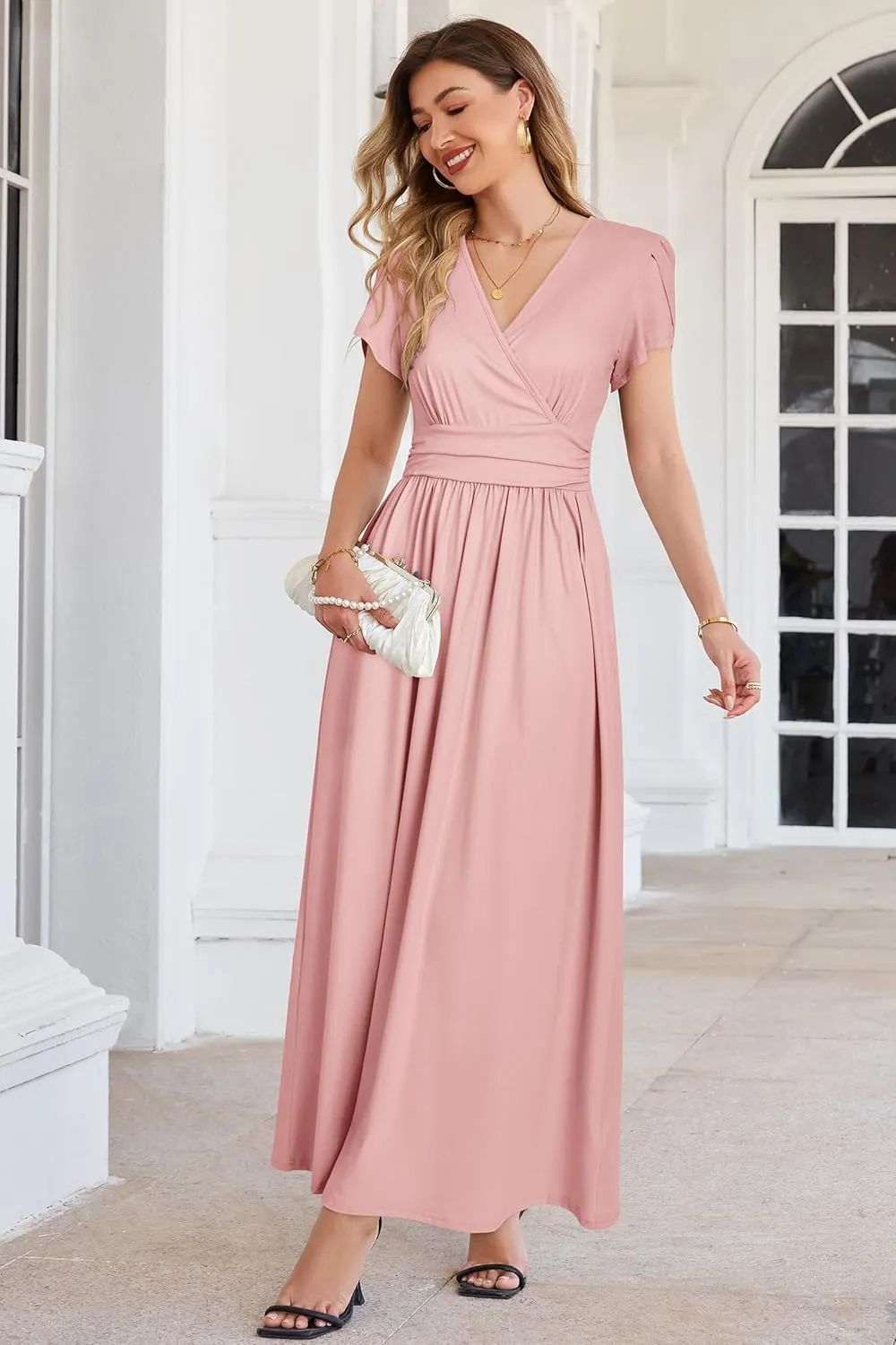 OUGES Maternity Maxi Dress Wrap V Neck Baby Shower Pregnancy Dresses for Photoshoot