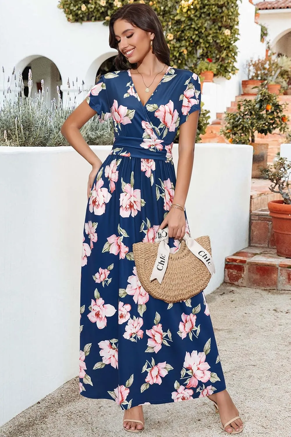 OUGES Maternity Maxi Dress Wrap V Neck Baby Shower Pregnancy Dresses for Photoshoot