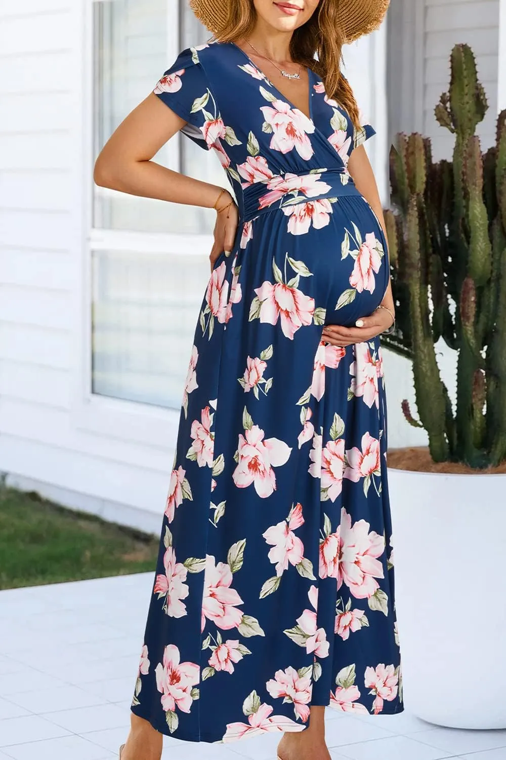 OUGES Maternity Maxi Dress Wrap V Neck Baby Shower Pregnancy Dresses for Photoshoot