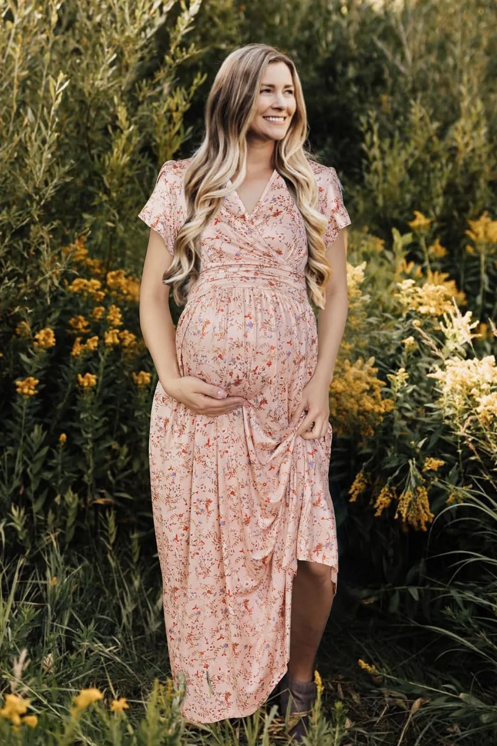 OUGES Maternity Maxi Dress Wrap V Neck Baby Shower Pregnancy Dresses for Photoshoot