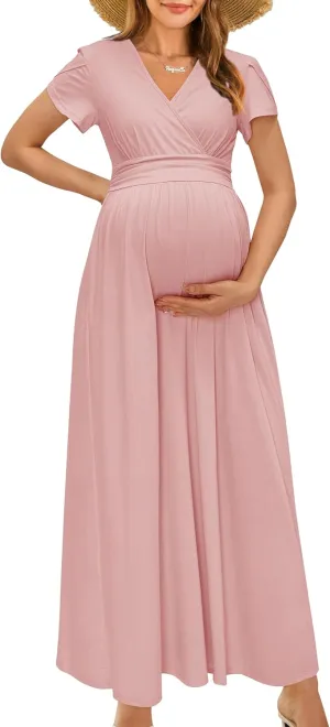 OUGES Maternity Maxi Dress Wrap V Neck Baby Shower Pregnancy Dresses for Photoshoot