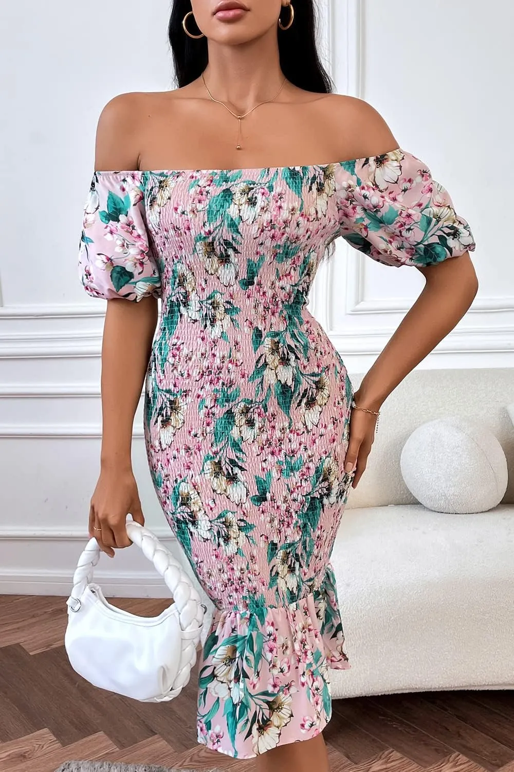 PRETTYGARDEN Summer Floral Bodycon Midi Dresses 2025 Puff Sleeve Mermaid Cocktail Baby Shower Photoshoot Maternity Dress