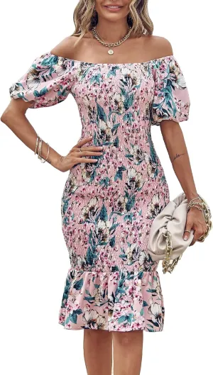 PRETTYGARDEN Summer Floral Bodycon Midi Dresses 2025 Puff Sleeve Mermaid Cocktail Baby Shower Photoshoot Maternity Dress