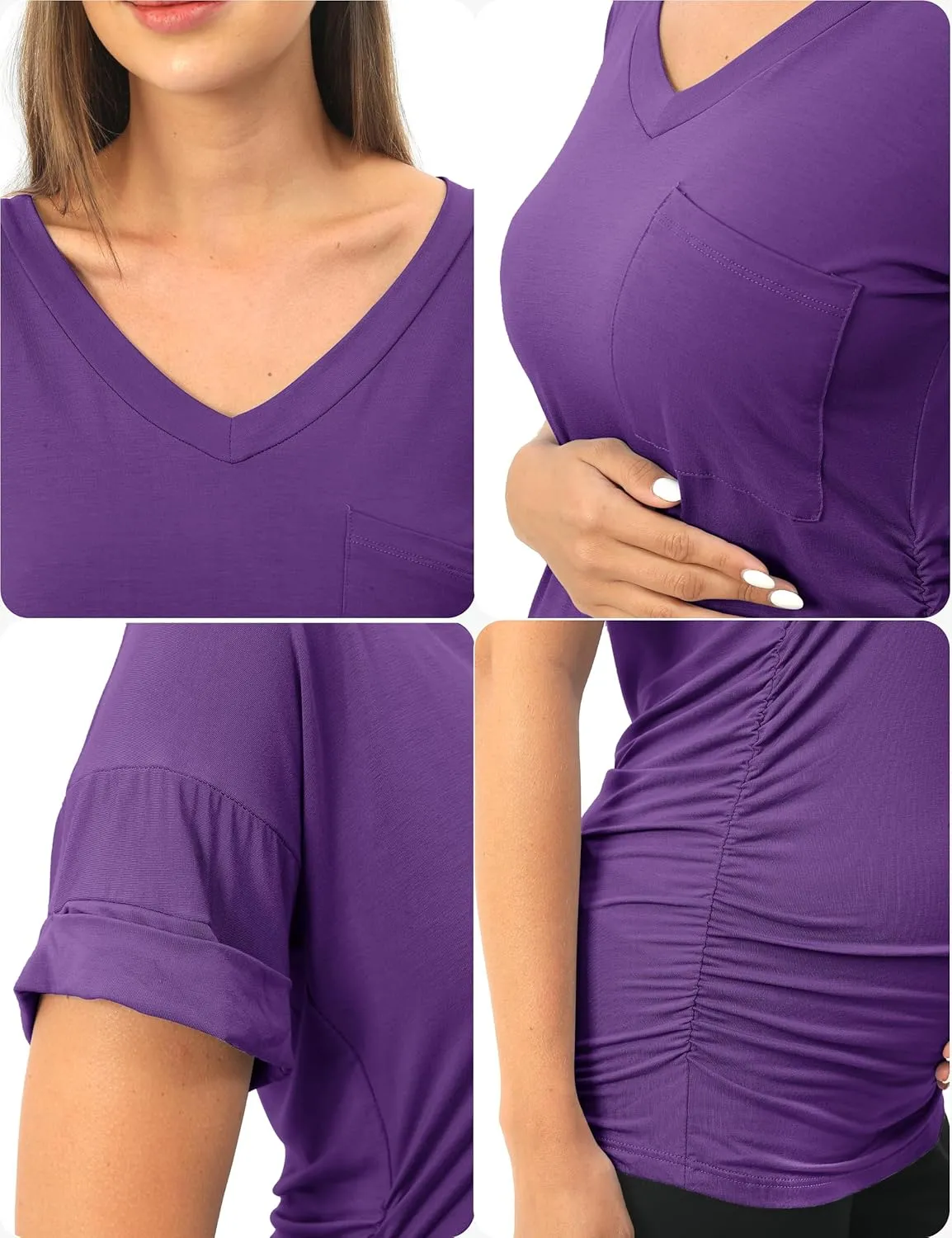 SUNNYBUY 3 Pack Womens Maternity Tops Side Ruched Maternity Shirts Pregnancy Clothes V Neck