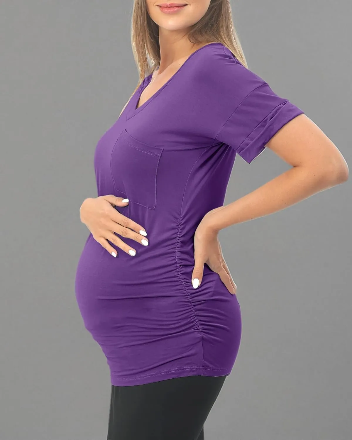 SUNNYBUY 3 Pack Womens Maternity Tops Side Ruched Maternity Shirts Pregnancy Clothes V Neck