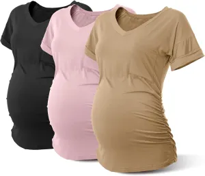 SUNNYBUY 3 Pack Womens Maternity Tops Side Ruched Maternity Shirts Pregnancy Clothes V Neck