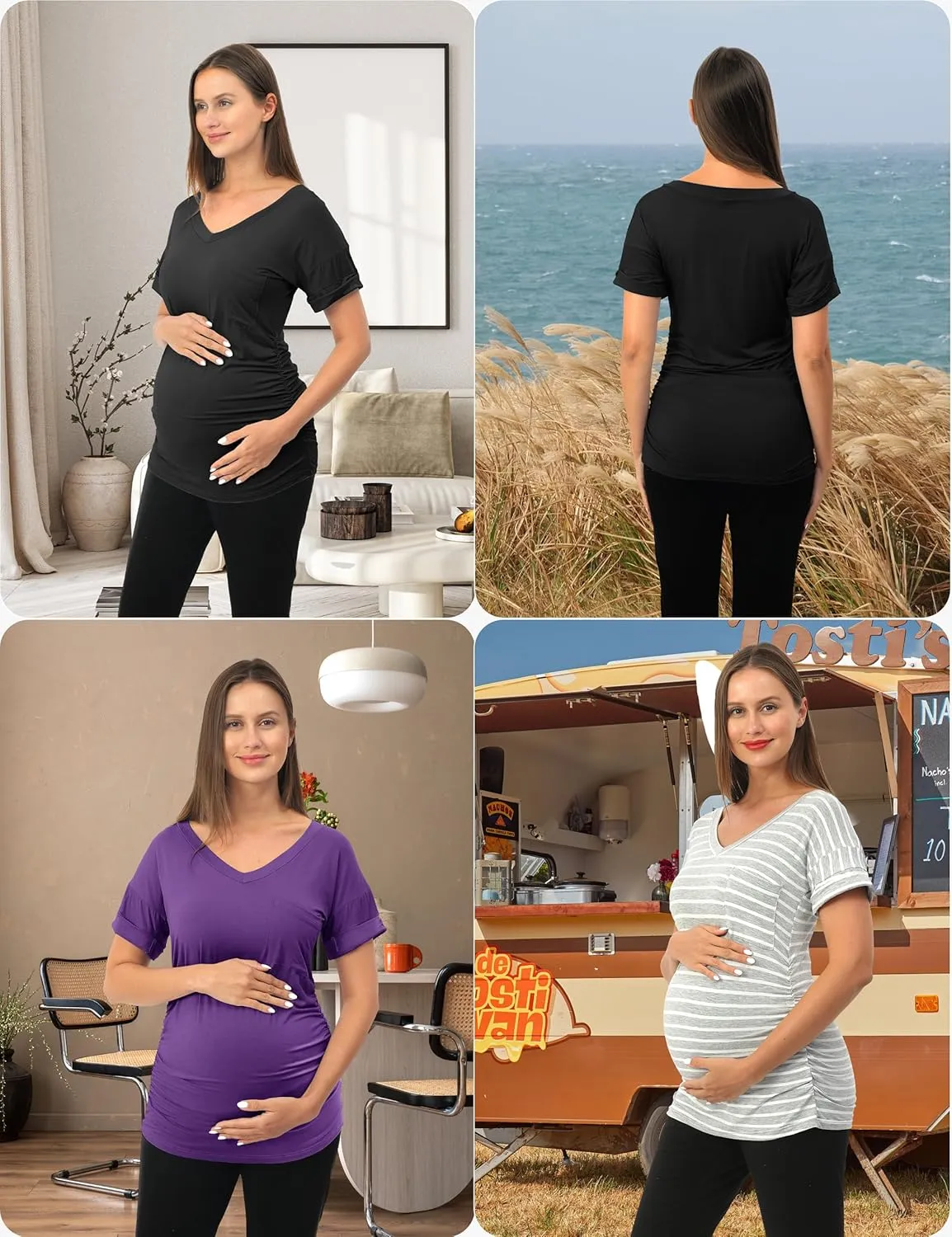 SUNNYBUY 3 Pack Womens Maternity Tops Side Ruched Maternity Shirts Pregnancy Clothes V Neck
