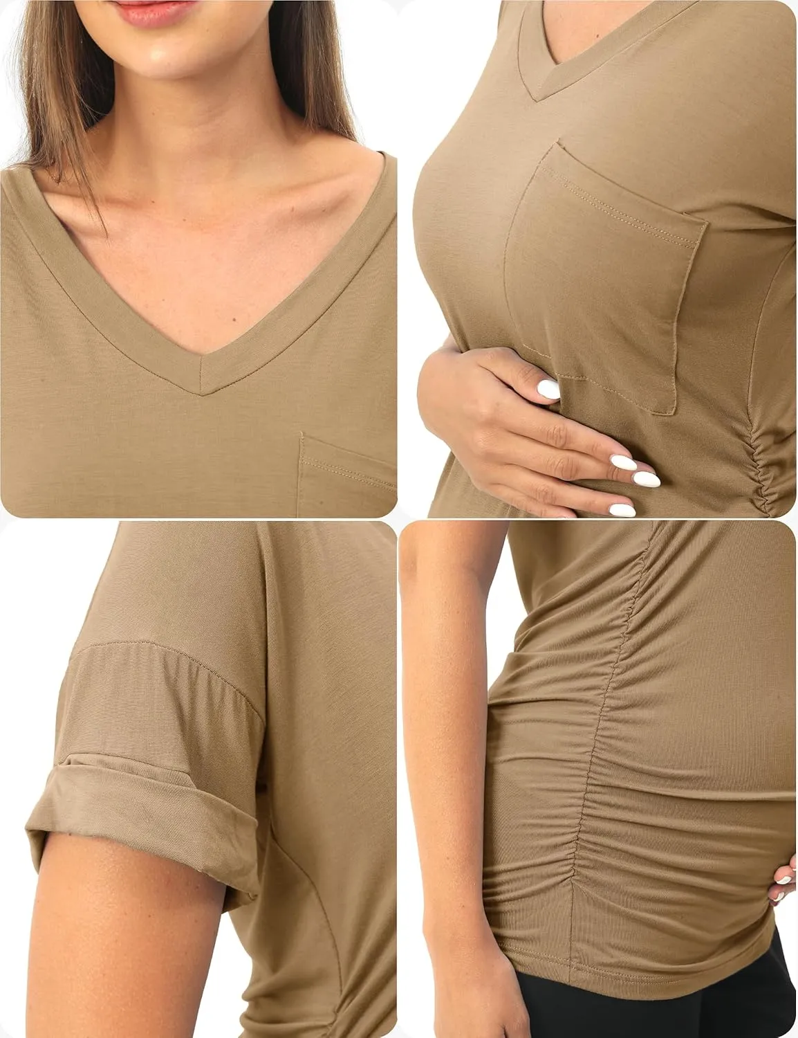 SUNNYBUY 3 Pack Womens Maternity Tops Side Ruched Maternity Shirts Pregnancy Clothes V Neck