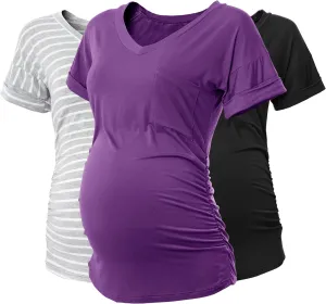 SUNNYBUY 3 Pack Womens Maternity Tops Side Ruched Maternity Shirts Pregnancy Clothes V Neck