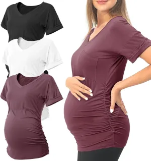 SUNNYBUY 3 Pack Womens Maternity Tops Side Ruched Maternity Shirts Pregnancy Clothes V Neck