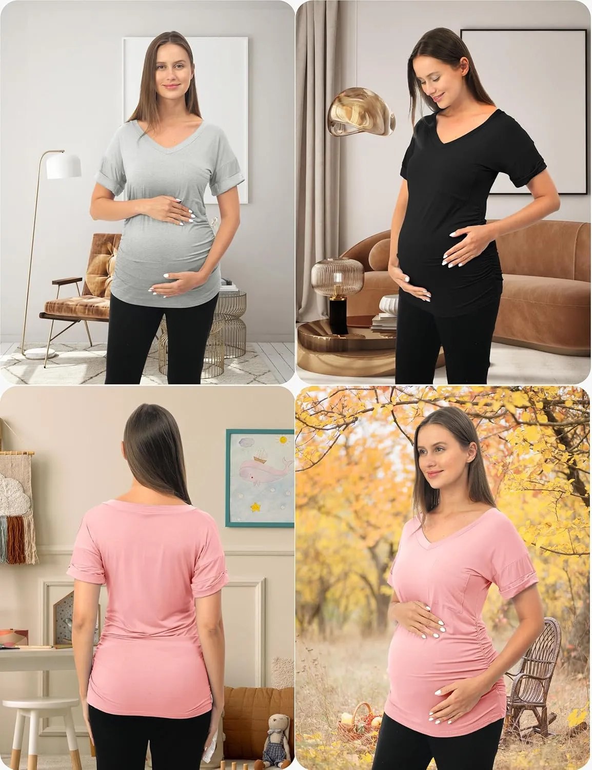 SUNNYBUY 3 Pack Womens Maternity Tops Side Ruched Maternity Shirts Pregnancy Clothes V Neck