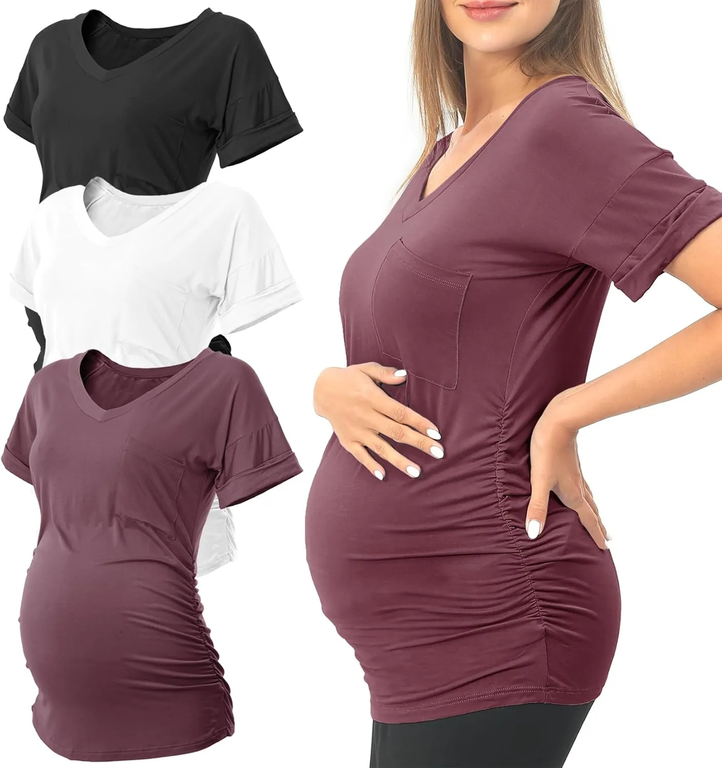 SUNNYBUY 3 Pack Womens Maternity Tops Side Ruched Maternity Shirts Pregnancy Clothes V Neck