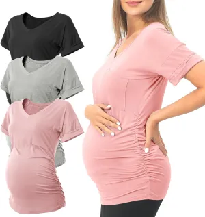 SUNNYBUY 3 Pack Womens Maternity Tops Side Ruched Maternity Shirts Pregnancy Clothes V Neck