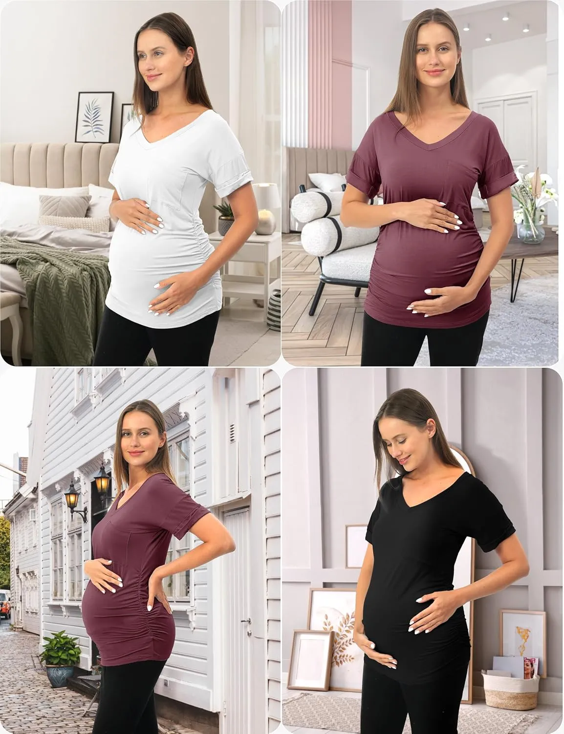 SUNNYBUY 3 Pack Womens Maternity Tops Side Ruched Maternity Shirts Pregnancy Clothes V Neck