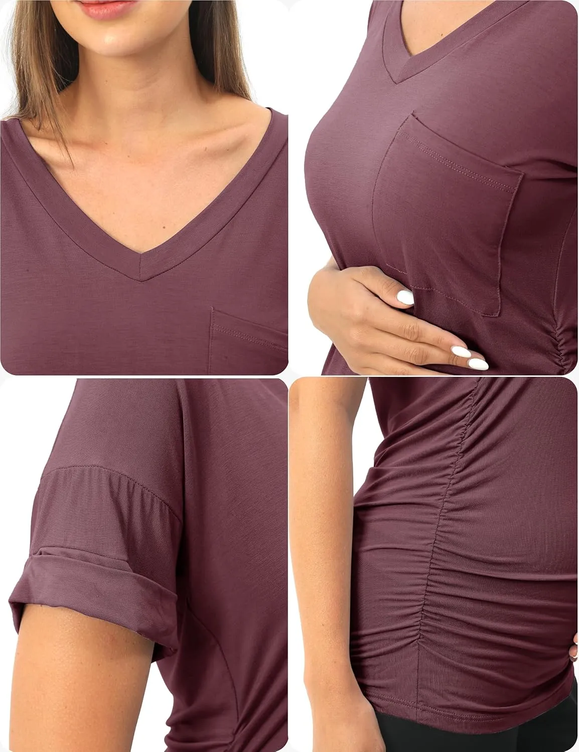 SUNNYBUY 3 Pack Womens Maternity Tops Side Ruched Maternity Shirts Pregnancy Clothes V Neck