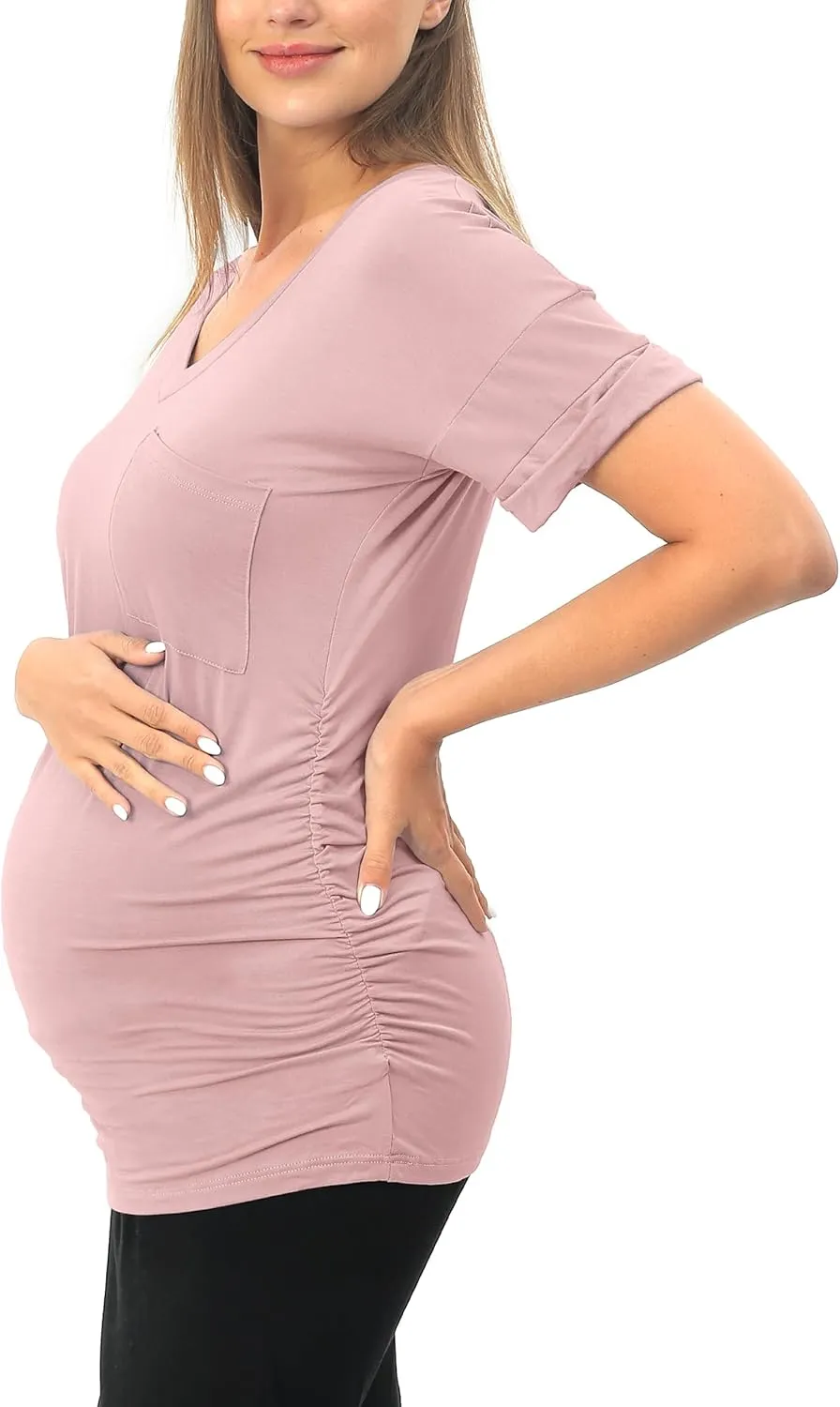 SUNNYBUY 3 Pack Womens Maternity Tops Side Ruched Maternity Shirts Pregnancy Clothes V Neck