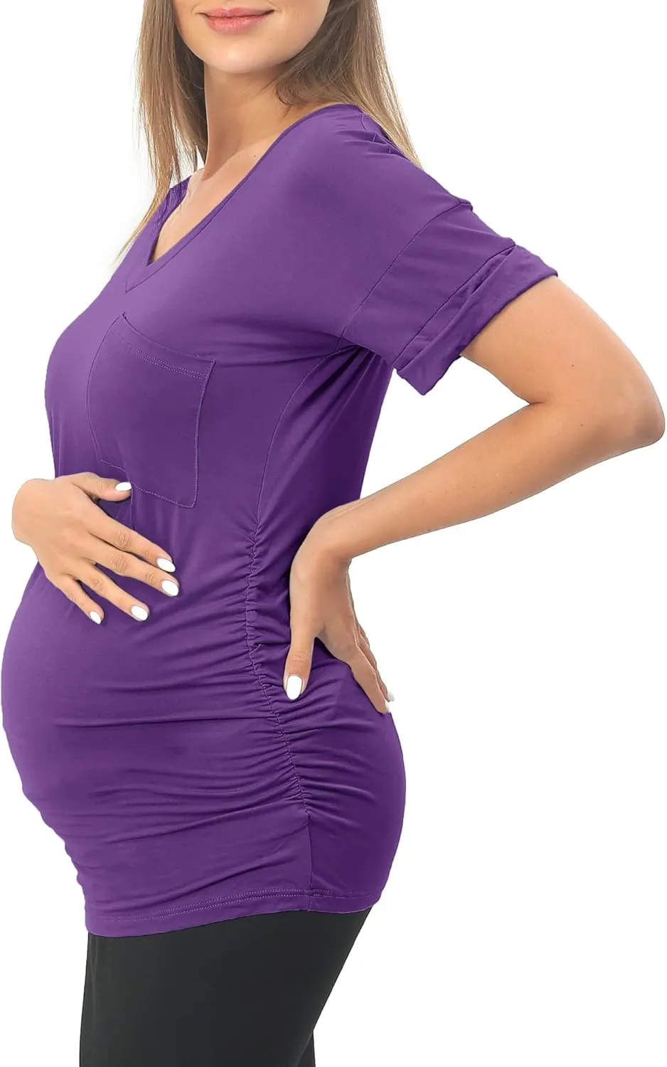 SUNNYBUY 3 Pack Womens Maternity Tops Side Ruched Maternity Shirts Pregnancy Clothes V Neck