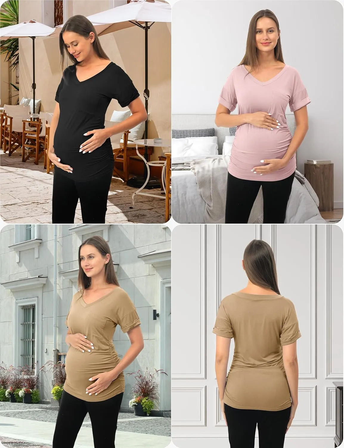 SUNNYBUY 3 Pack Womens Maternity Tops Side Ruched Maternity Shirts Pregnancy Clothes V Neck