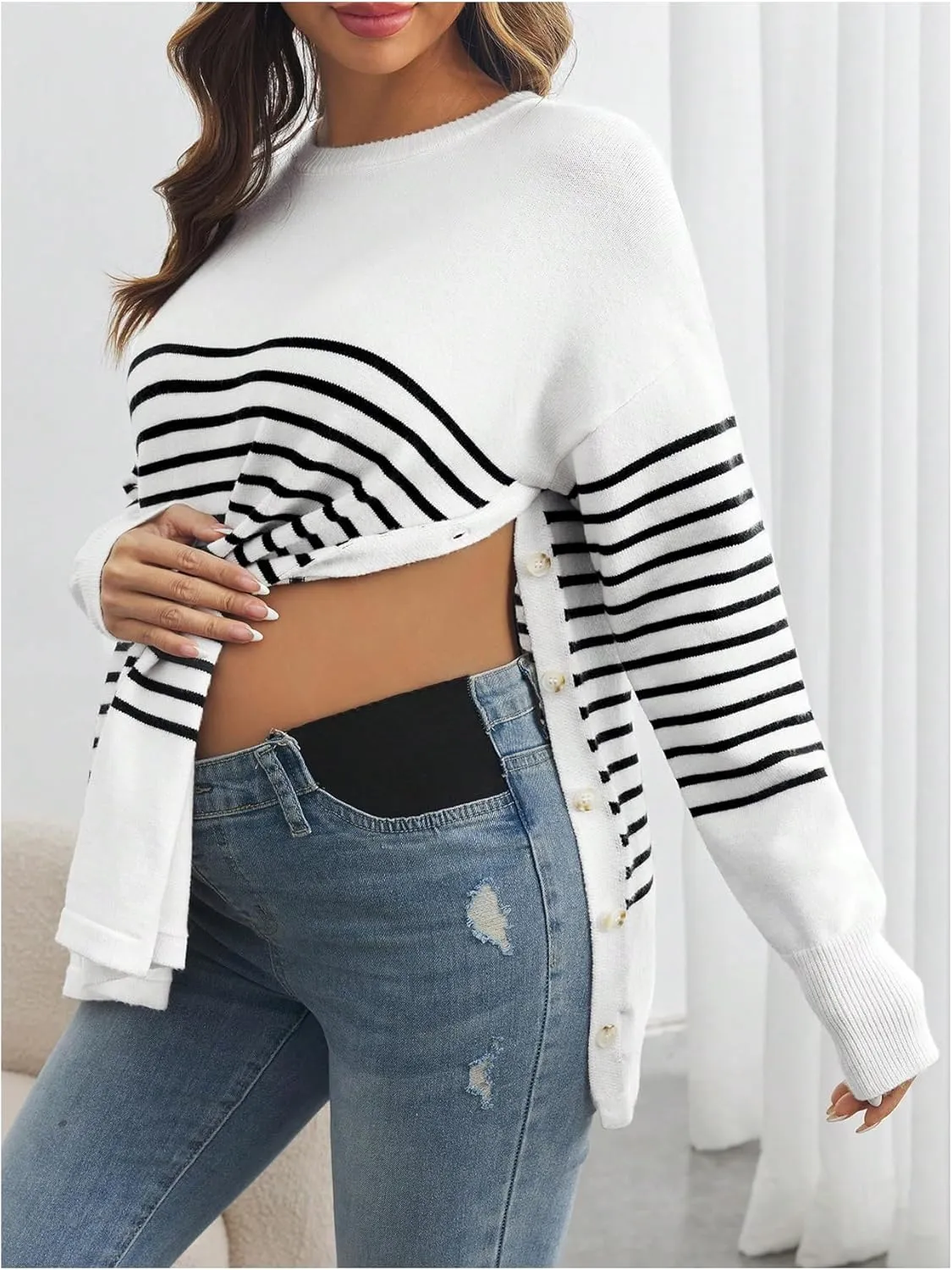 Women's Striped Button Detail Crew Neck Maternity Nursing Sweater Long Sleeve Pullover Tops