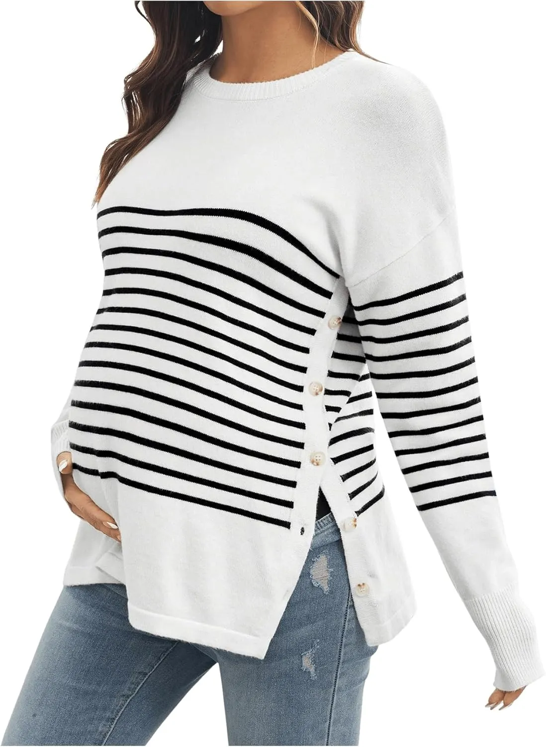 Women's Striped Button Detail Crew Neck Maternity Nursing Sweater Long Sleeve Pullover Tops