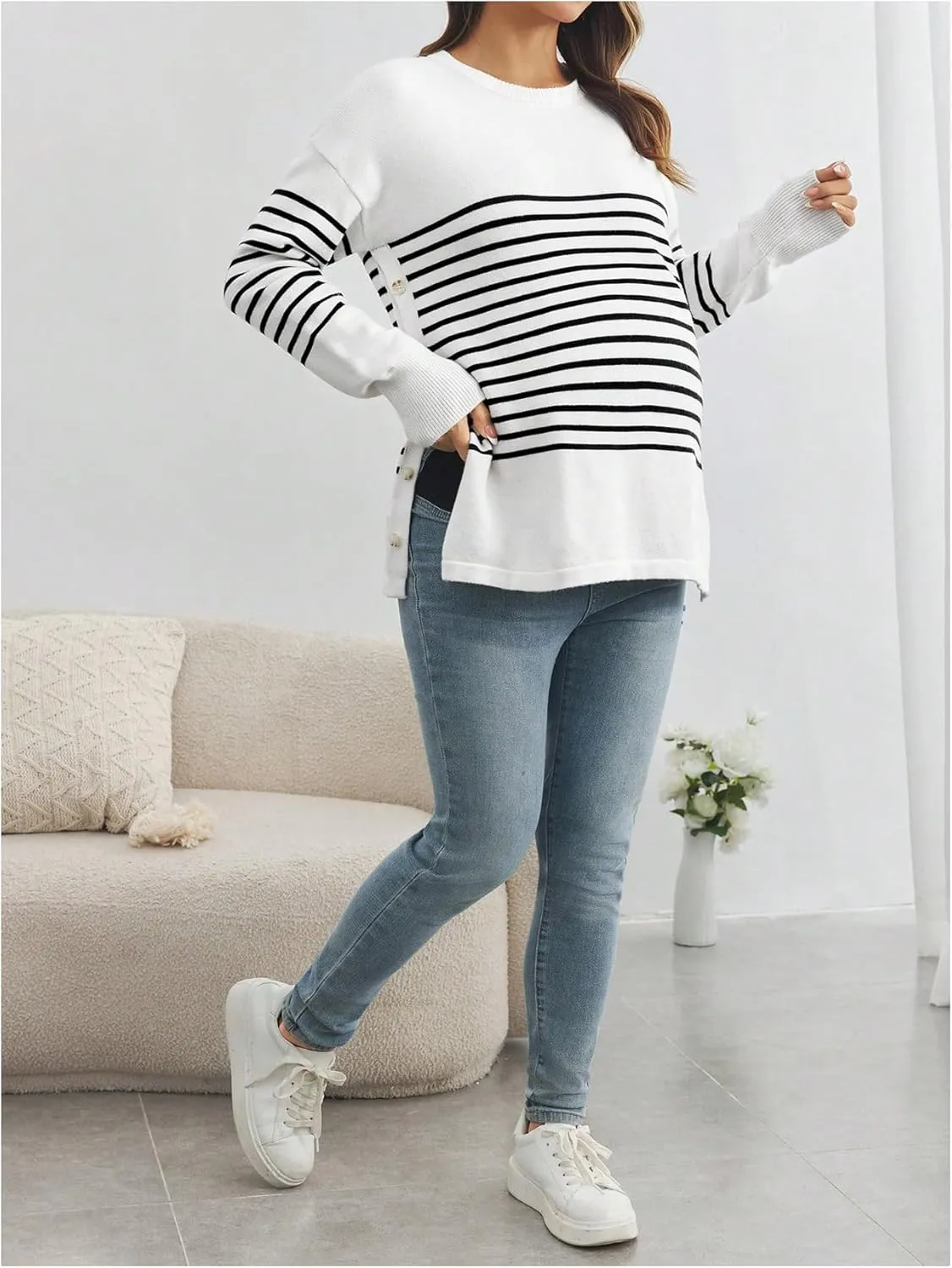 Women's Striped Button Detail Crew Neck Maternity Nursing Sweater Long Sleeve Pullover Tops