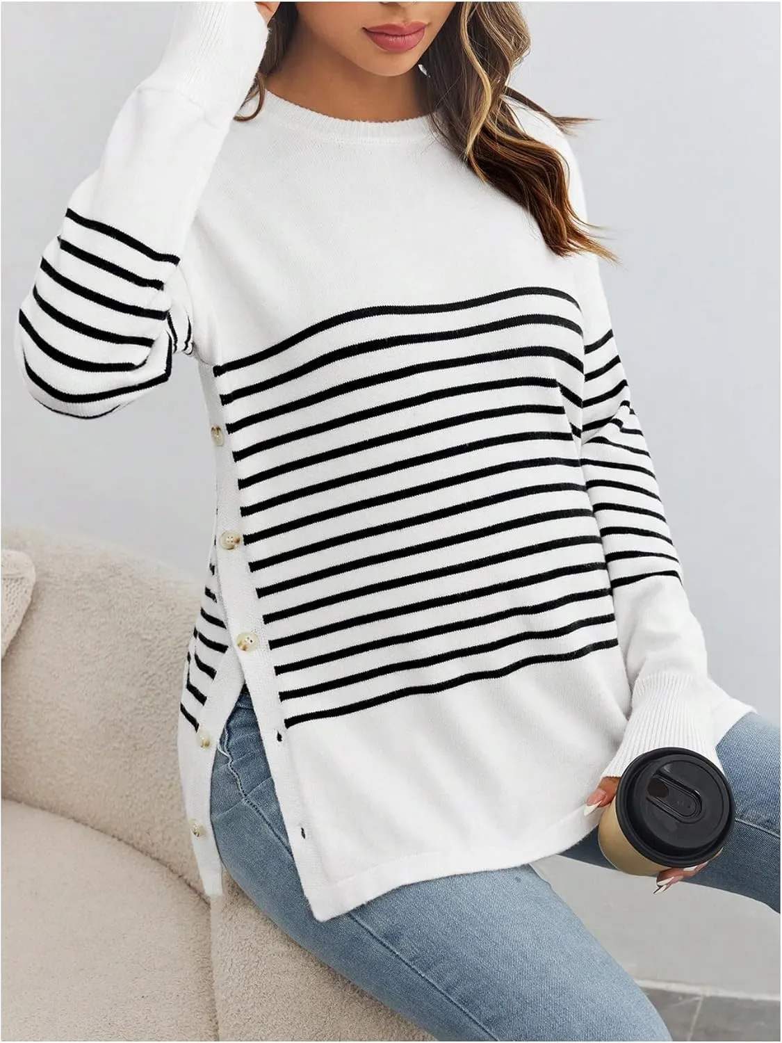 Women's Striped Button Detail Crew Neck Maternity Nursing Sweater Long Sleeve Pullover Tops