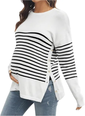 Women's Striped Button Detail Crew Neck Maternity Nursing Sweater Long Sleeve Pullover Tops