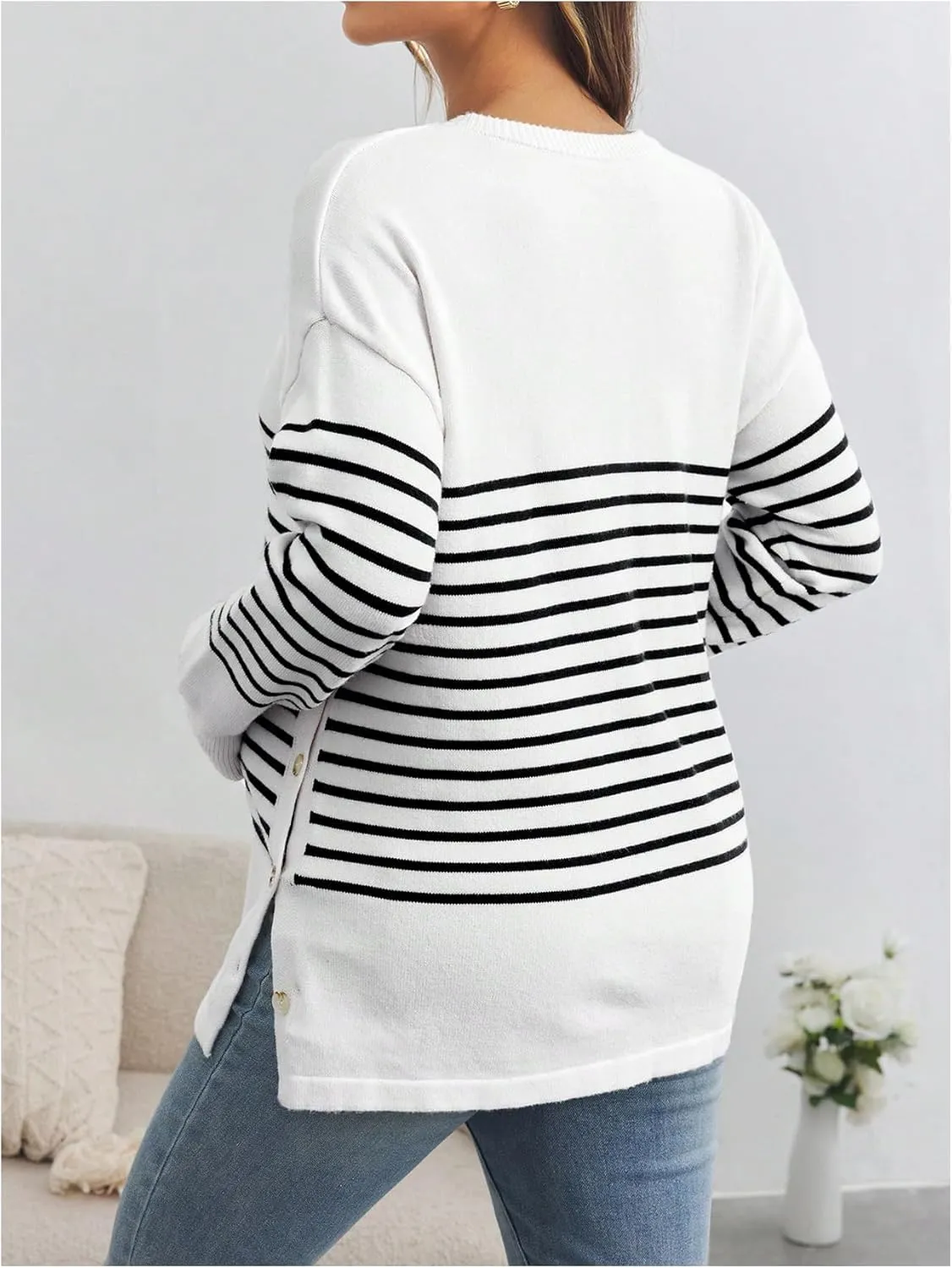 Women's Striped Button Detail Crew Neck Maternity Nursing Sweater Long Sleeve Pullover Tops